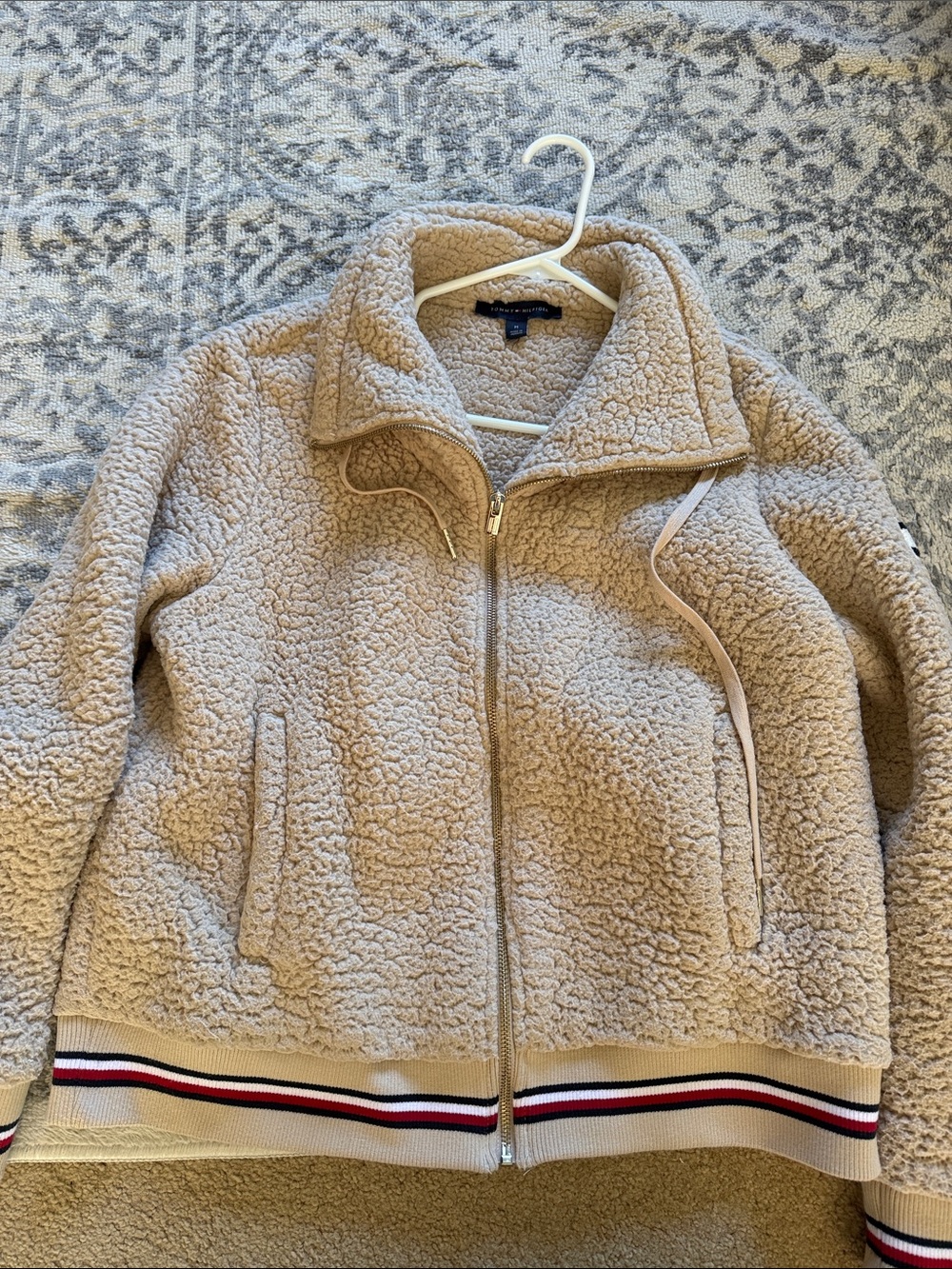 Tommy Hilfiger Beige Sherpa Jacket with Striped Hem